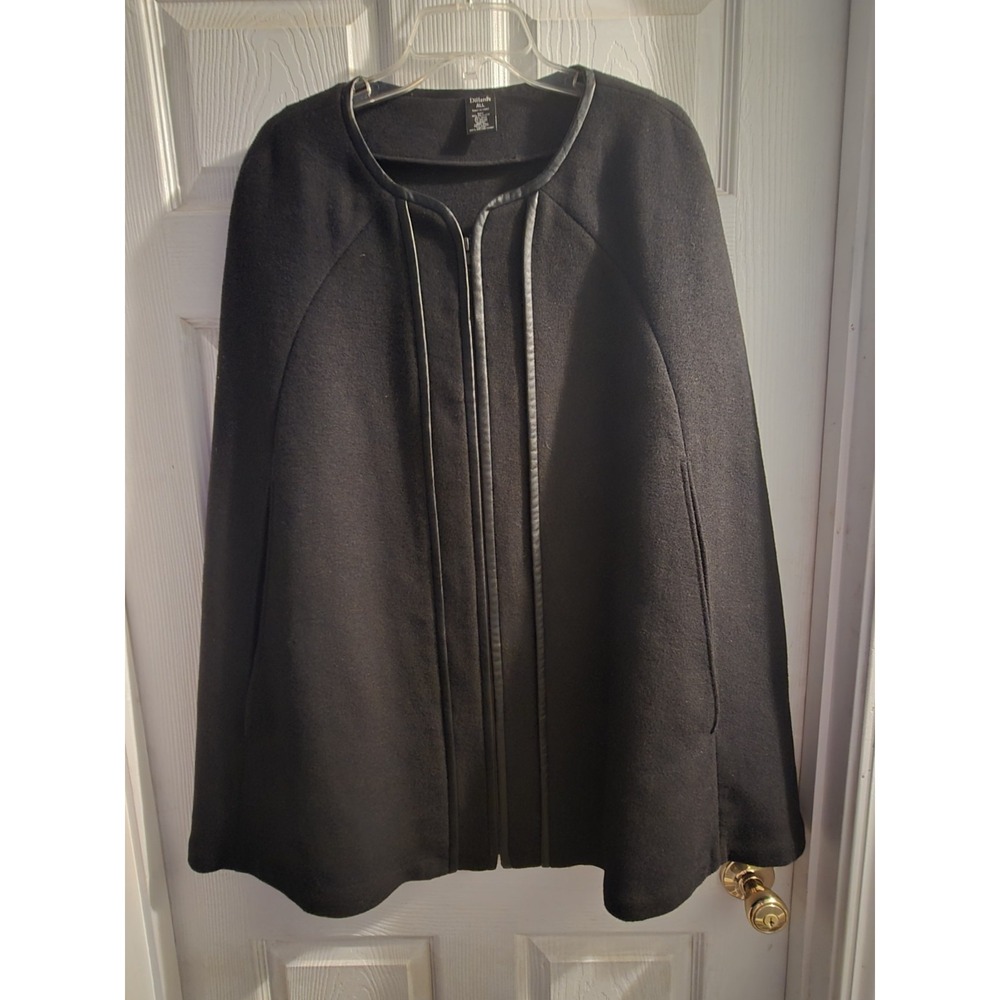 OS Dillard's Black Wool Cape Wool Blend Faux Leather Cape